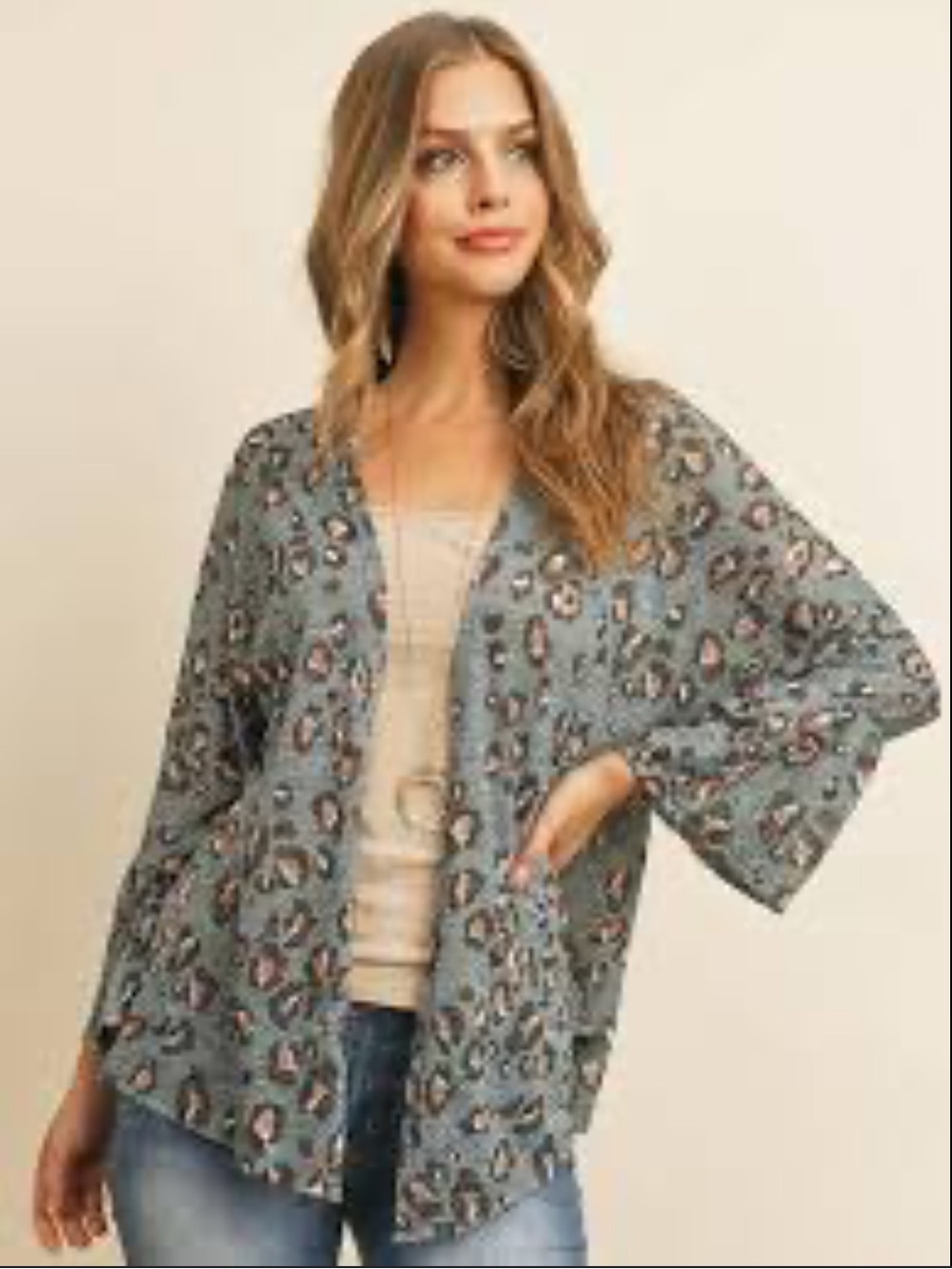 Riah Fashion Animal Print Bell Sleeve Open Knit Cardigan Large